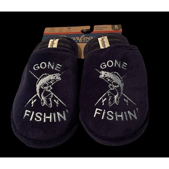Dearfoams Mens Cozy Comfort Memory Foam Gone Fishin Slippers Size S 7/8 Blue - Picture 4 of 16